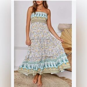 Summer Bohemian Floral Printed Strapless Beach
Party Long Maxi Dress Light Green